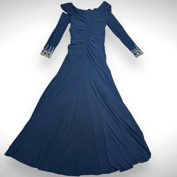 Mac Duggal Drop Shoulder Faux Wrap Navy Thigh Slit Jeweled Cuff Gown Dress Sz 4‎ - Picture 6 of 13